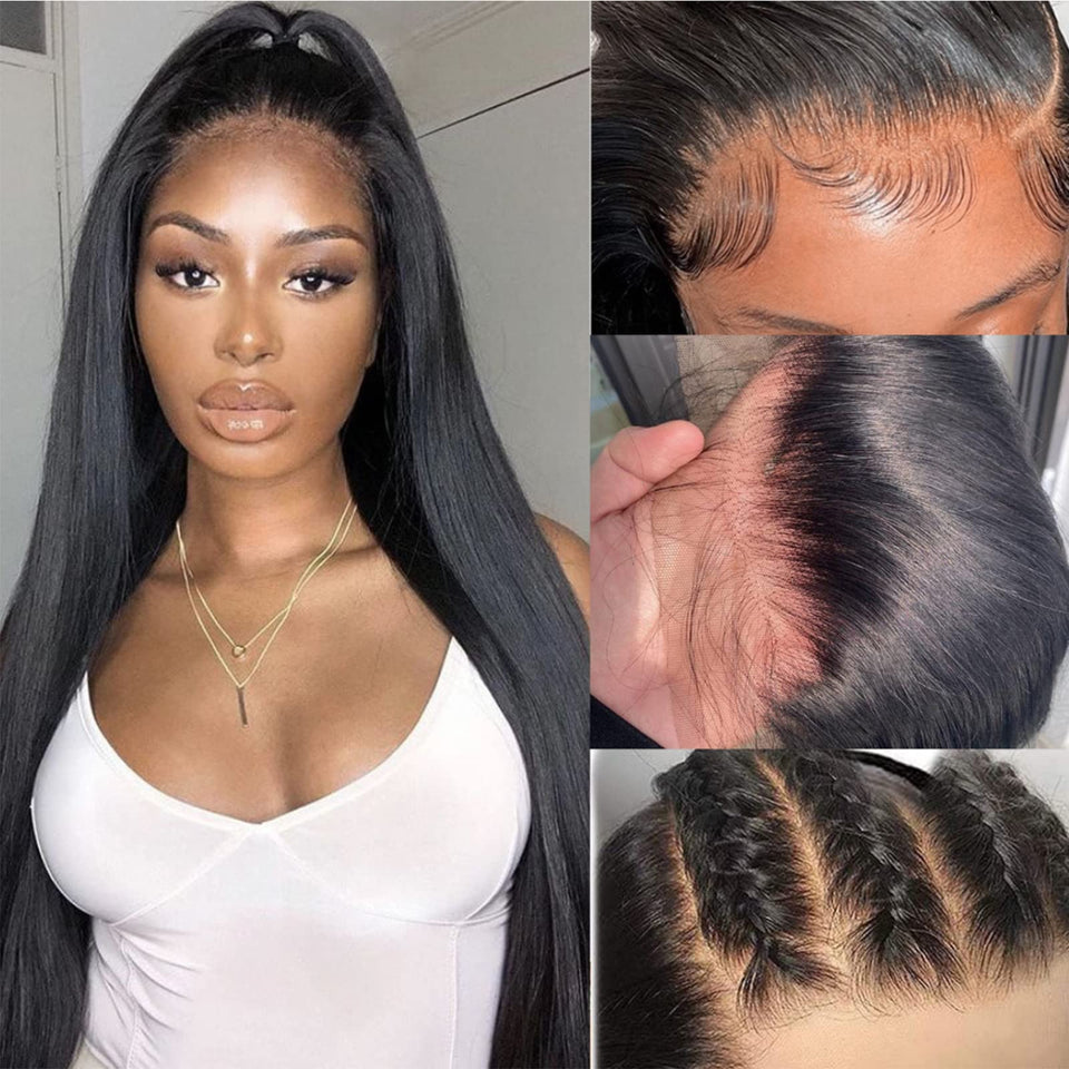 bunGiol 28-inch lace front wig with straight Brazilian virgin hair for natural part