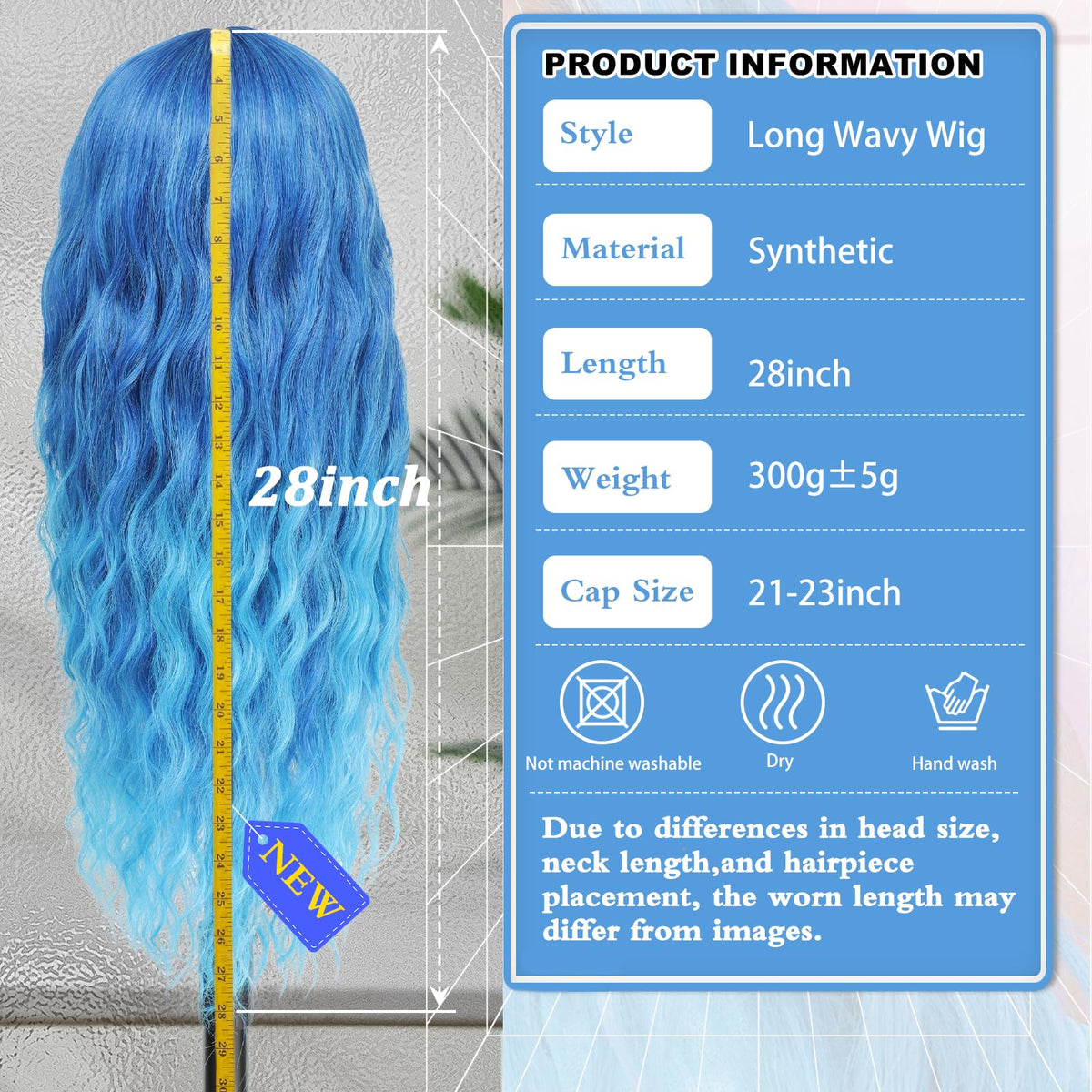 BUPPLER blue wig 28in side view with natural flow for daily wear.