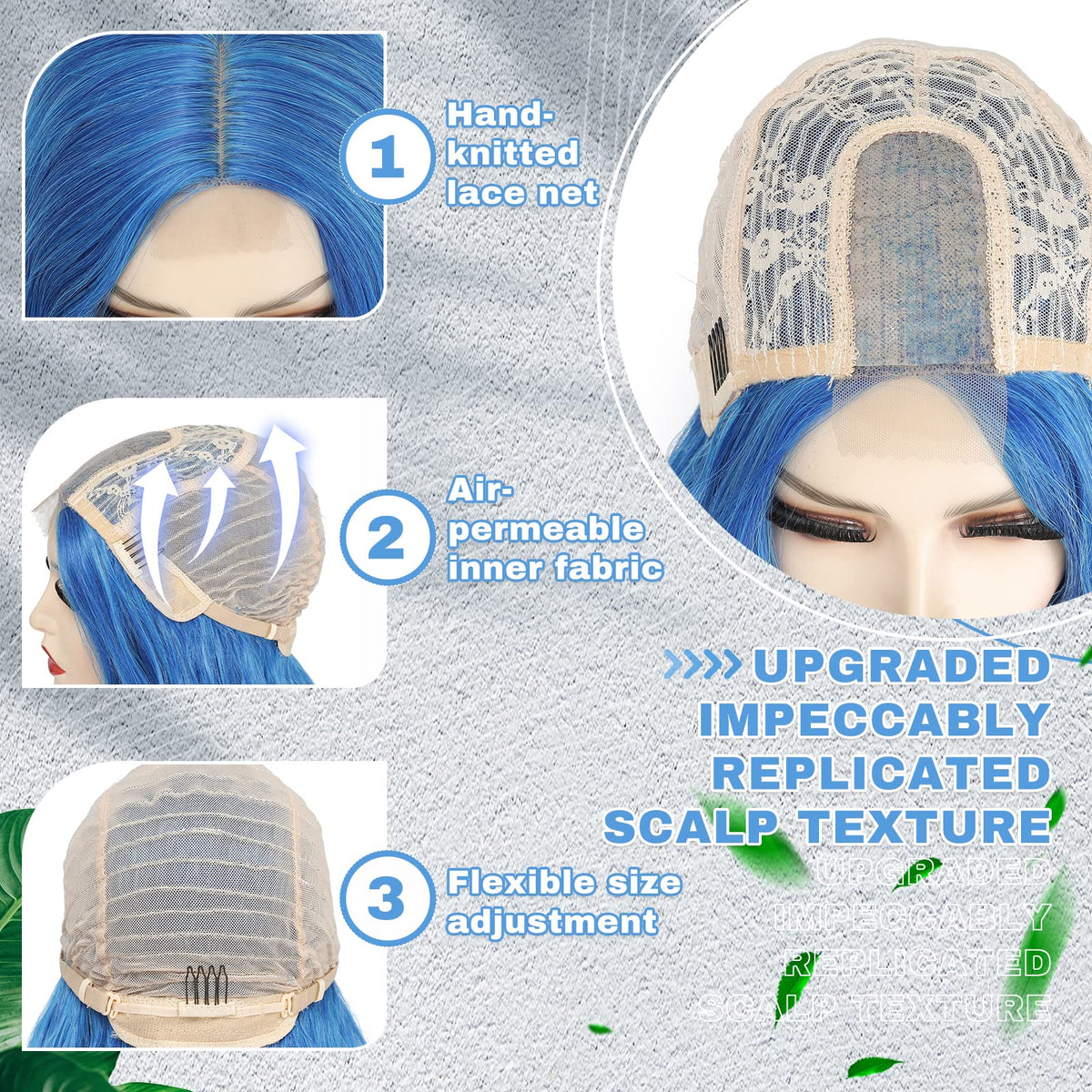 BUPPLER blue wig breathable fiber closeup shows comfortable, lightweight wear.