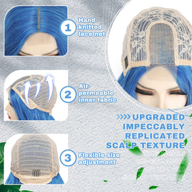 BUPPLER blue wig breathable fiber closeup shows comfortable, lightweight wear.