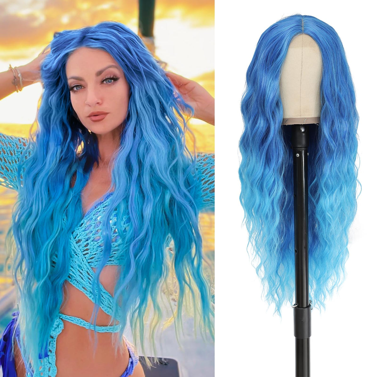 BUPPLER blue cosplay wig 28in front view showcasing realistic middle-part for events.