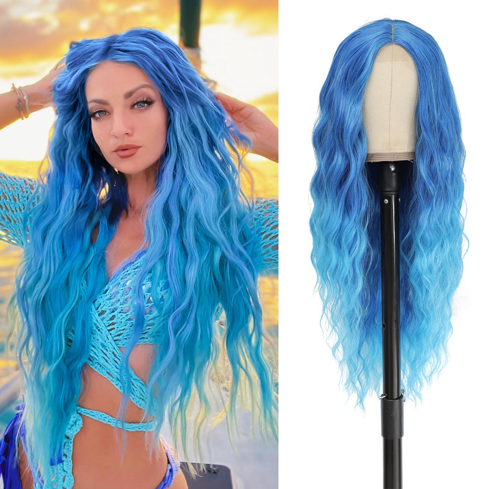BUPPLER blue cosplay wig 28in front view showcasing realistic middle-part for events.