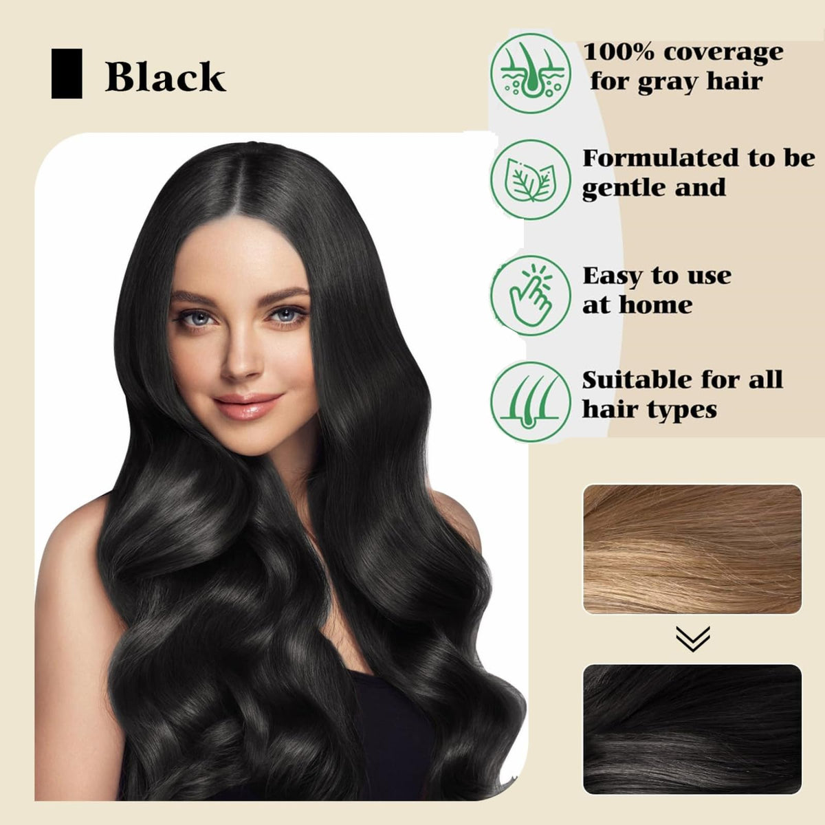 After-coverage result showing dark, shiny hair with Bupposes.