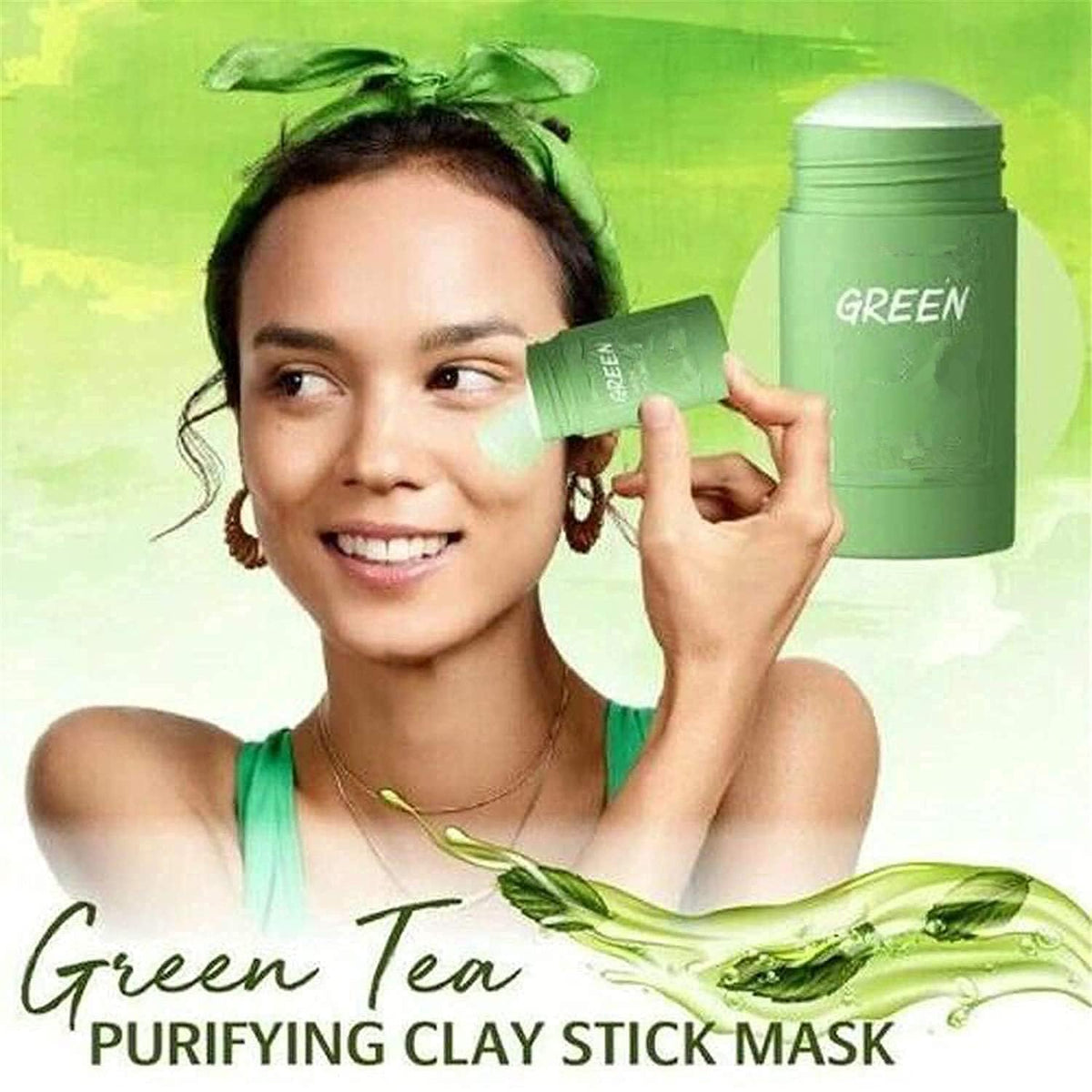 Hand applying Bupposes Green Tea Mask Stick to the face for quick cleansing.