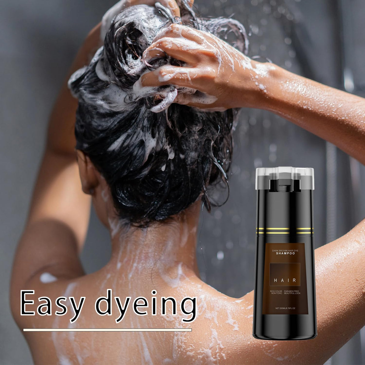 Bupposes instant dye shampoo application image demonstrates quick 10-minute color for busy days.