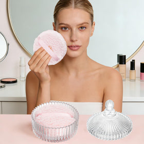 BUQ clear glass powder jar demonstrates tidy storage for powders, candies, or small accessories.