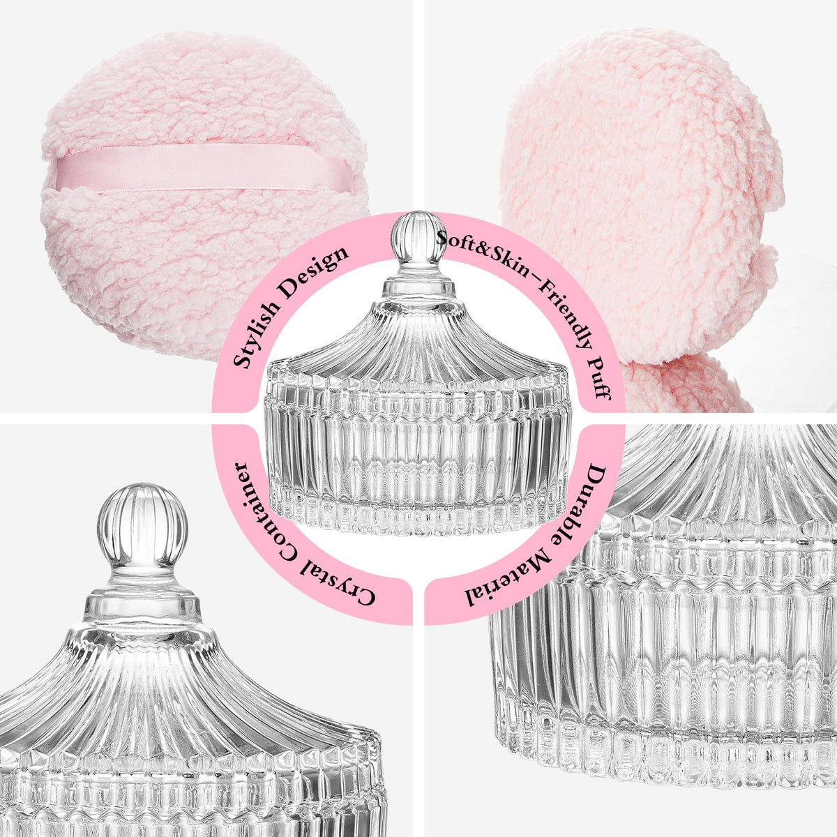 BUQ dusting puff in use with powder for smooth, even body or facial application.