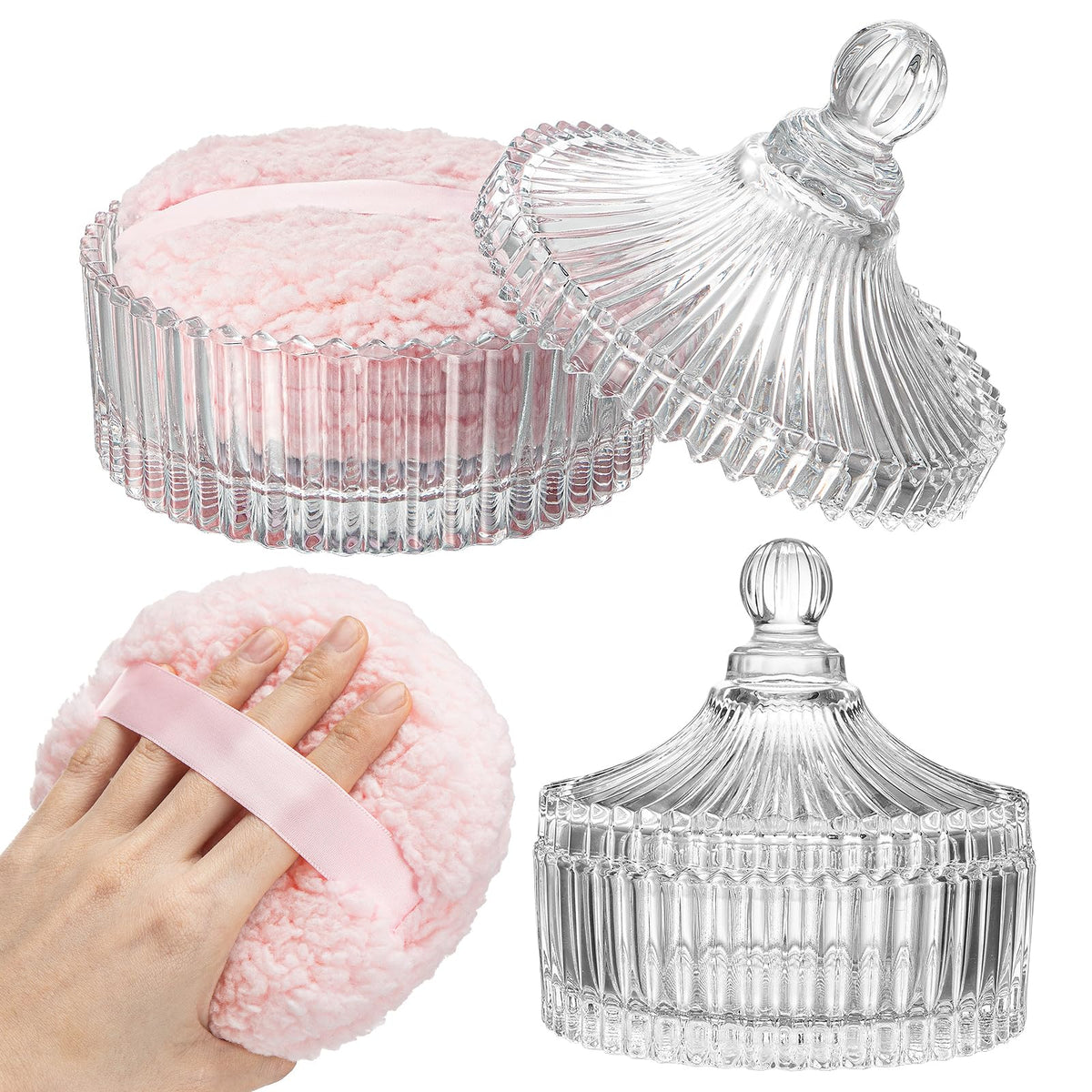 BUQ extra-large powder puff with 6-inch container for easy, even body powder application.