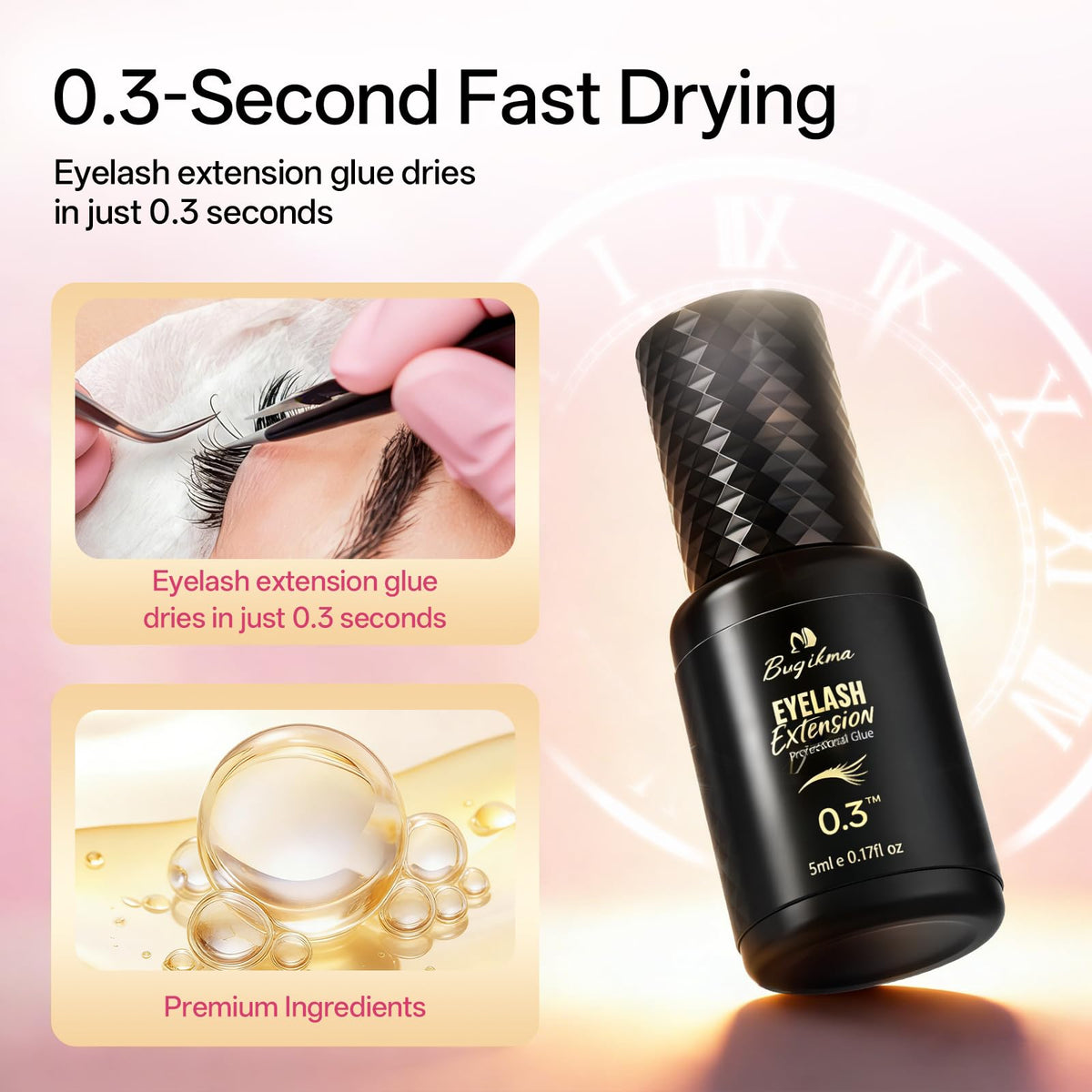 Buqikma 8-week hold waterproof bond demonstrated on lash extensions.