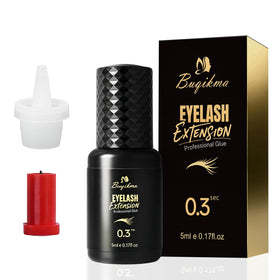 Buqikma bottle pour close-up showing controlled glue flow for precise lash work.