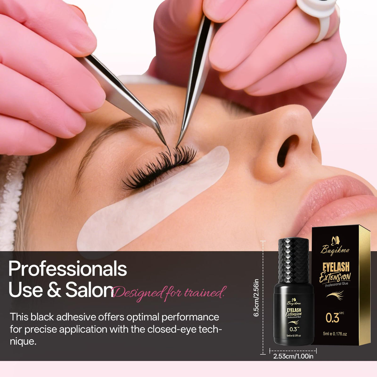 Buqikma fast-dry 0.3s mechanism showcased for efficient professional lash application.