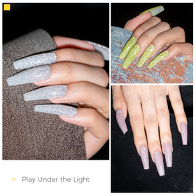 BURANO disco gel polish reflects in light for camera-ready nails