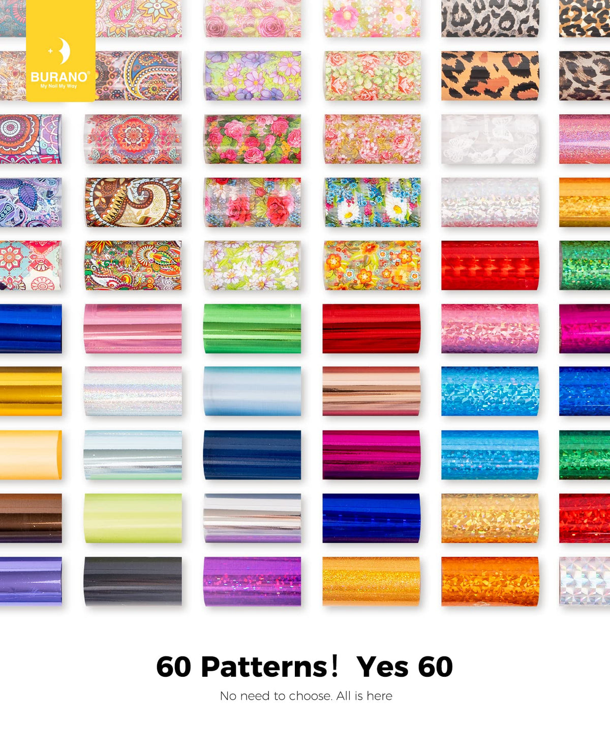 60 BURANO foil stickers offering versatile nail design options.