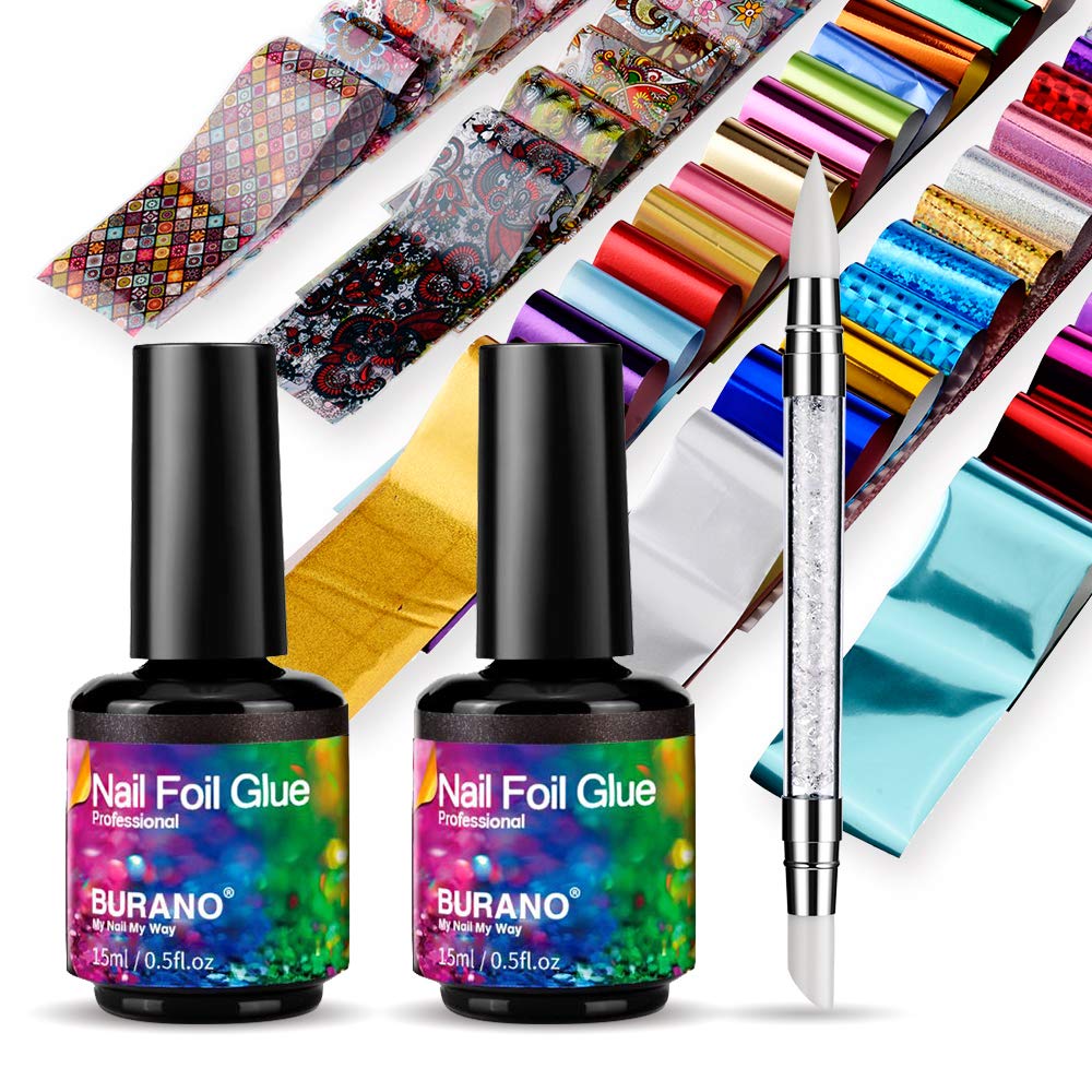 BURANO foil glue gel bottle (15ml) for precise at-home artistry.