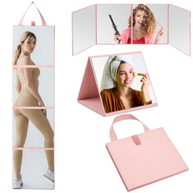 Burbell 3-way foldable mirror in pink with handle for portable makeup checks.