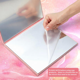 Burbell foldable mirror with handle enables easy placement on tables or racks.