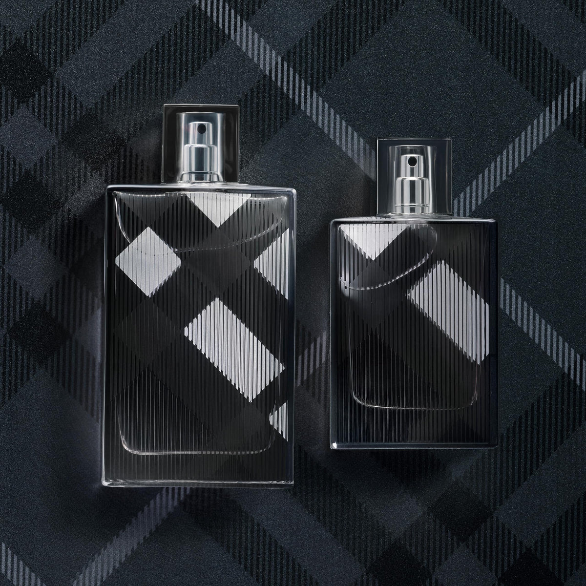 Burberry Brit for Him glass bottle packaging, iconic check design