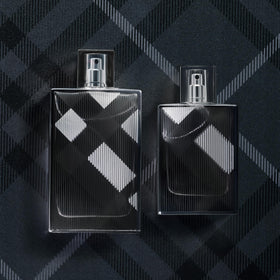 Burberry Brit for Him glass bottle packaging, iconic check design