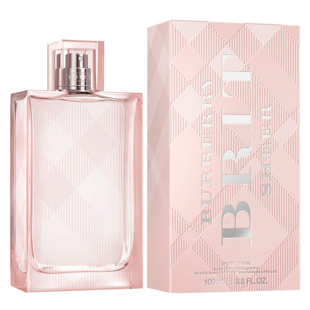 Burberry Brit Sheer EDT pink glass bottle highlights pink peony for light, joyful wear.