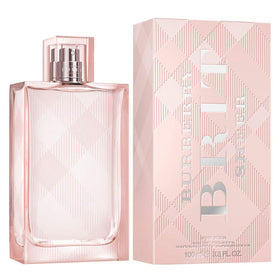 Burberry Brit Sheer EDT pink glass bottle highlights pink peony for light, joyful wear.