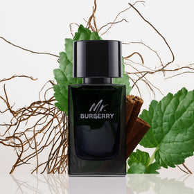 Burberry Mr. Burberry EDP bottle back label, premium packaging detail.