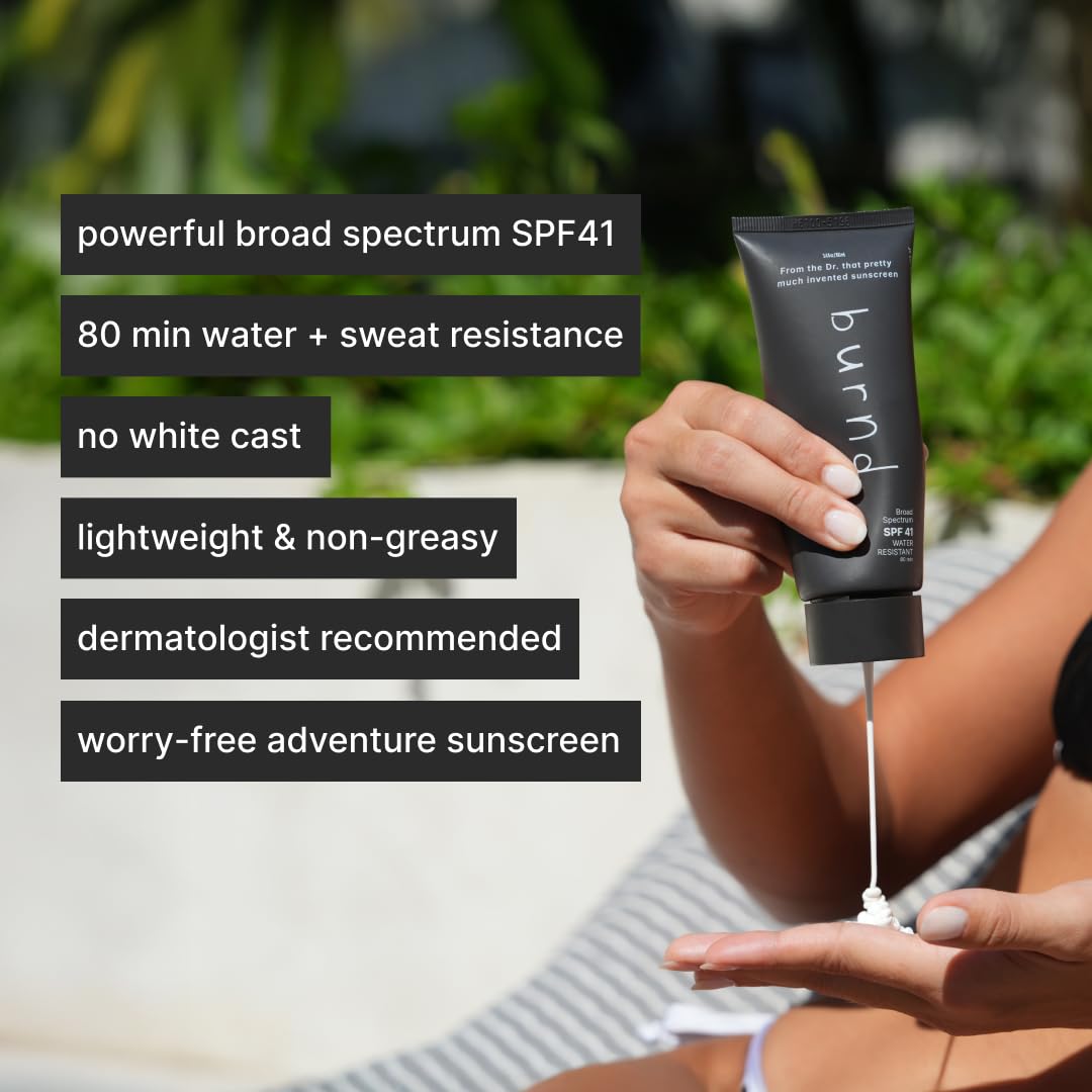 Burnd SPF 41 bottle back label highlighting broad spectrum UVA/UVB protection.