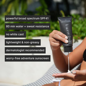 Burnd SPF 41 bottle back label highlighting broad spectrum UVA/UVB protection.