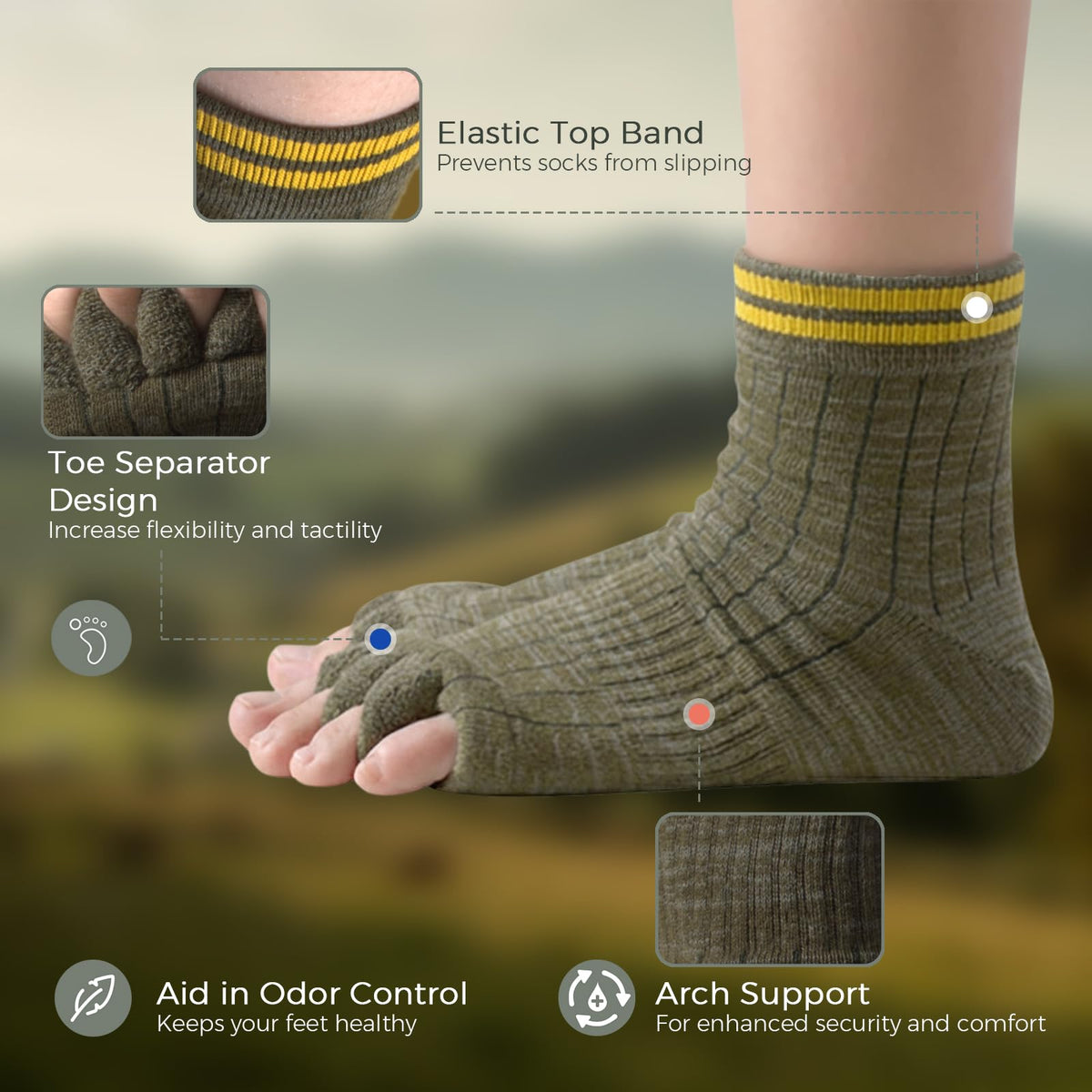 Burning Barefoot transverse arch band design keeps socks in place during wear.