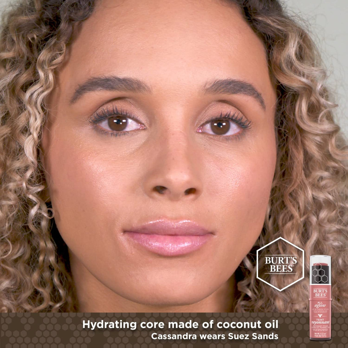Suez Sands shade shown on lips and cheeks for versatile color.