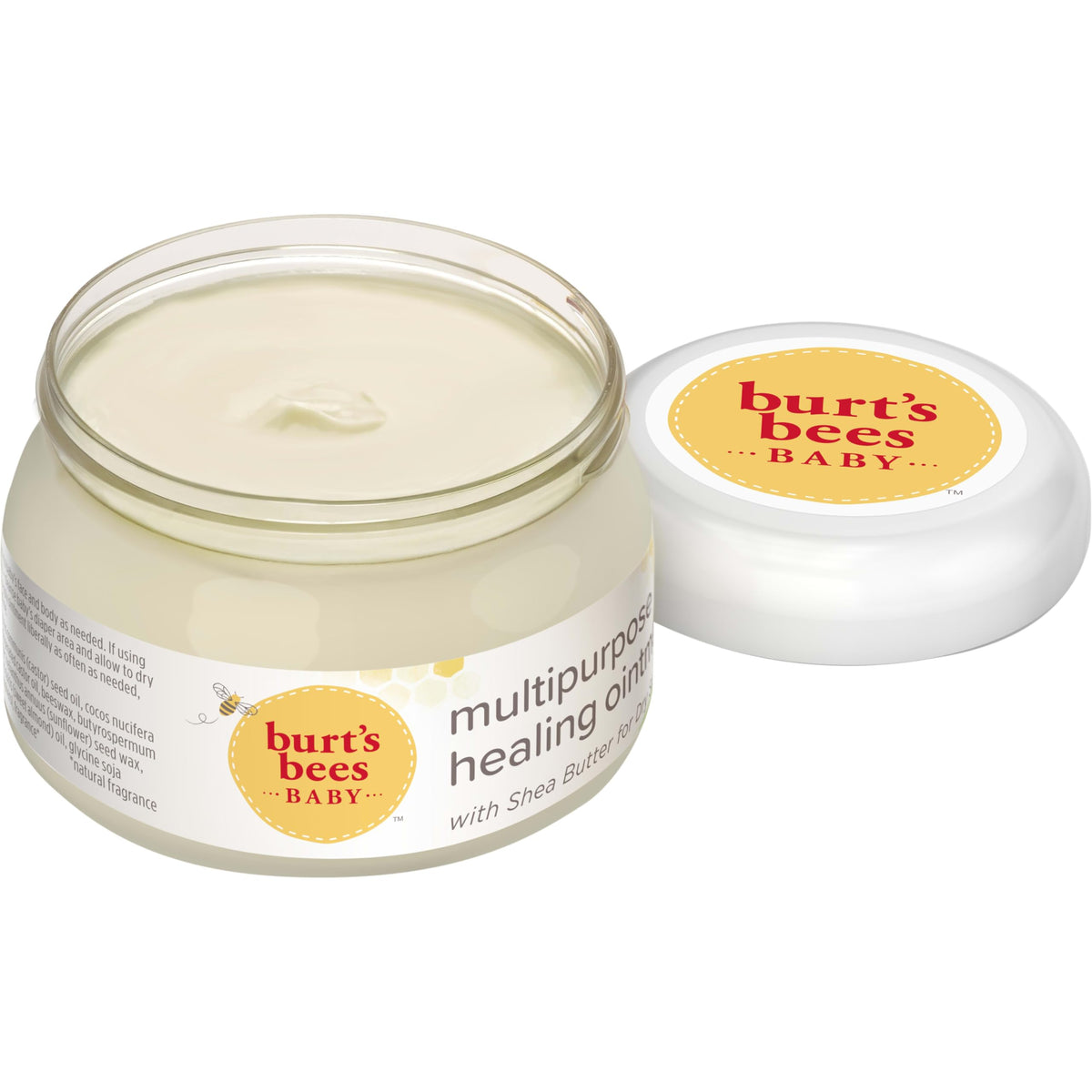 Burt's Bees Baby ointment label closeup highlights natural origin formula and absence of petrolatum