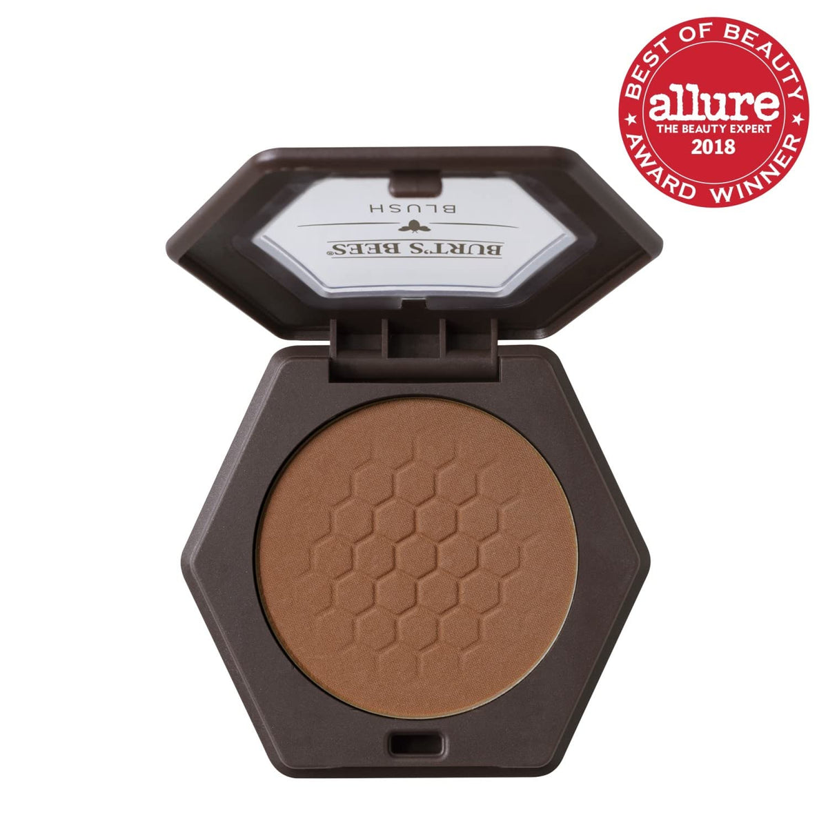 Burt's Bees blush packaging closeup shows clean ingredients and compact portability.