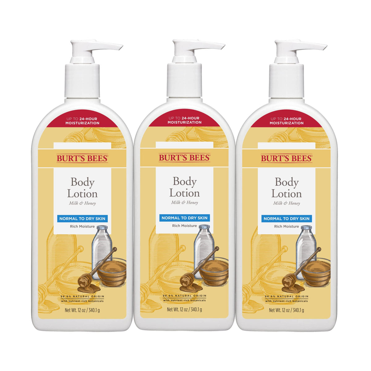 Burt's Bees lotion with milk and honey, featuring shea butter and vitamin E.