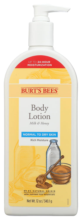 Burt's Bees Body Lotion bottle with milk and honey for normal to dry skin provides lasting hydration.