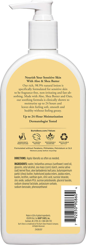 Burt's Bees sensitive skin lotion texture close-up shows fast-absorbing formula.