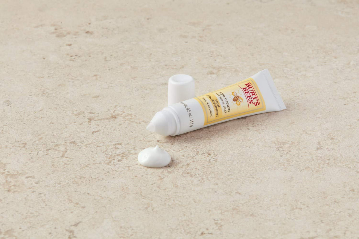 Burt's Bees eye cream royal jelly ingredients graphic highlights nourishing vitamins A, B2, E.