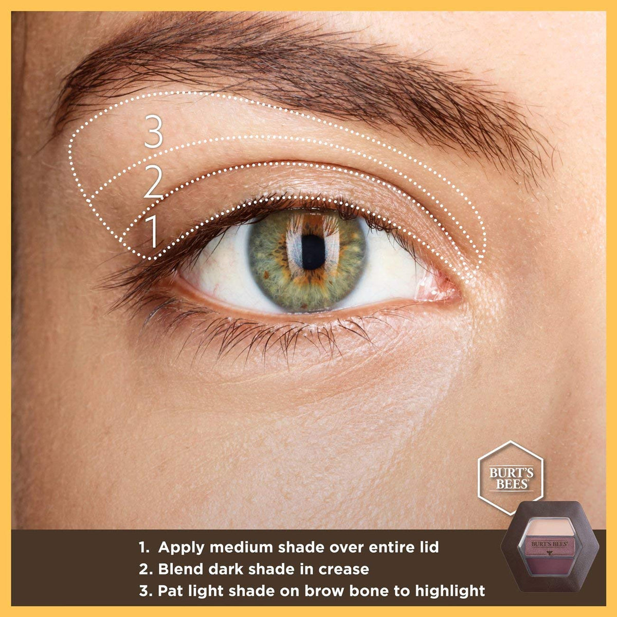 Burt's Bees Countryside Lavender palette showing light nude, medium purple, dark purple hues