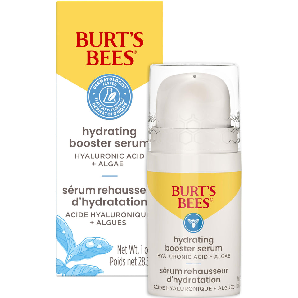 Burt's Bees Hyaluronic Acid Serum bottle close-up showing hydration focus