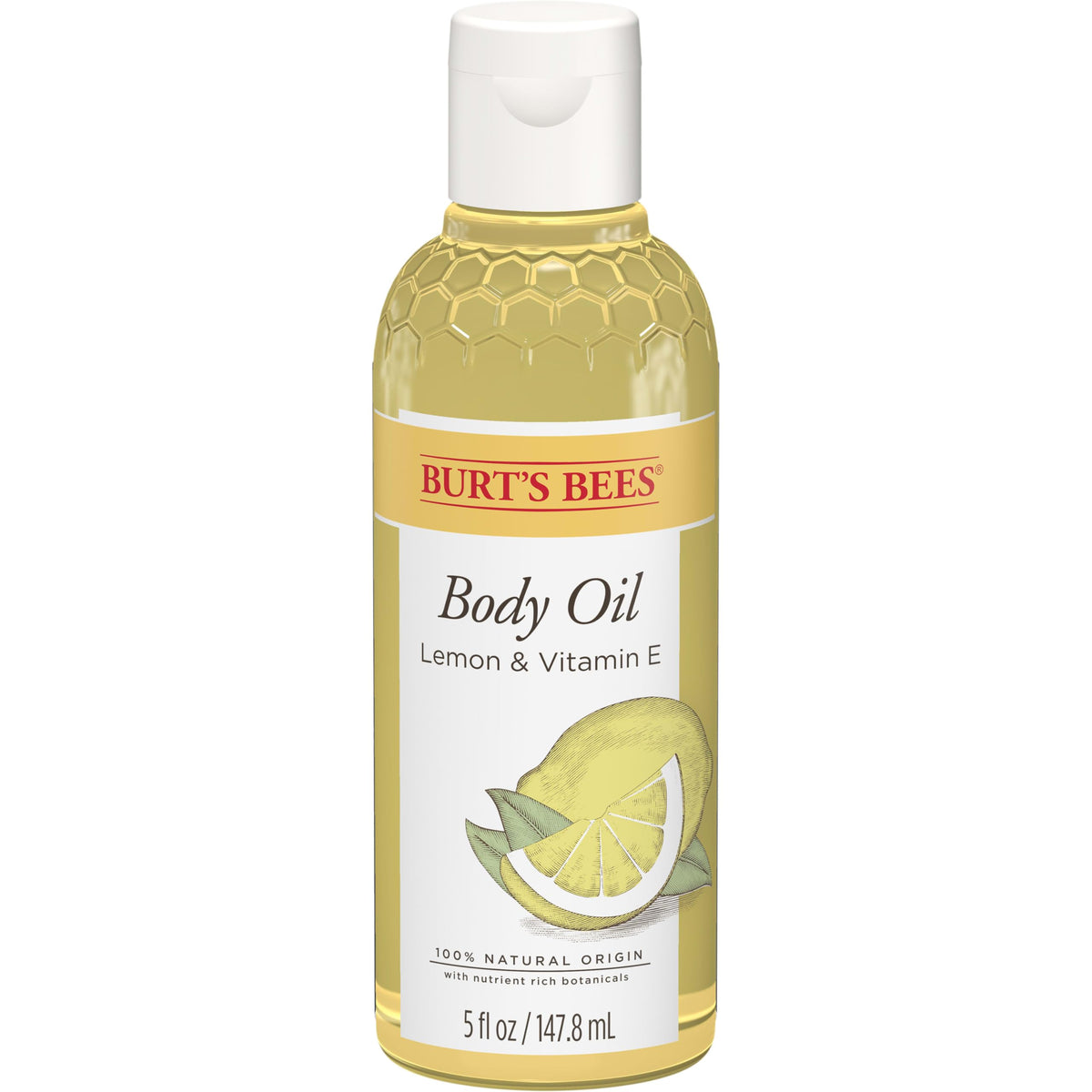 Burt's Bees Lemon Body Oil bottle pour with lemon and vitamin E for refreshed, silky skin