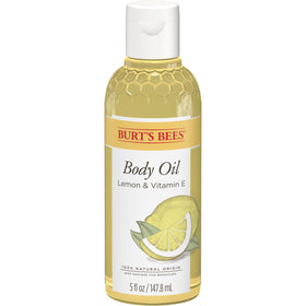 Burt's Bees Lemon Body Oil bottle pour with lemon and vitamin E for refreshed, silky skin