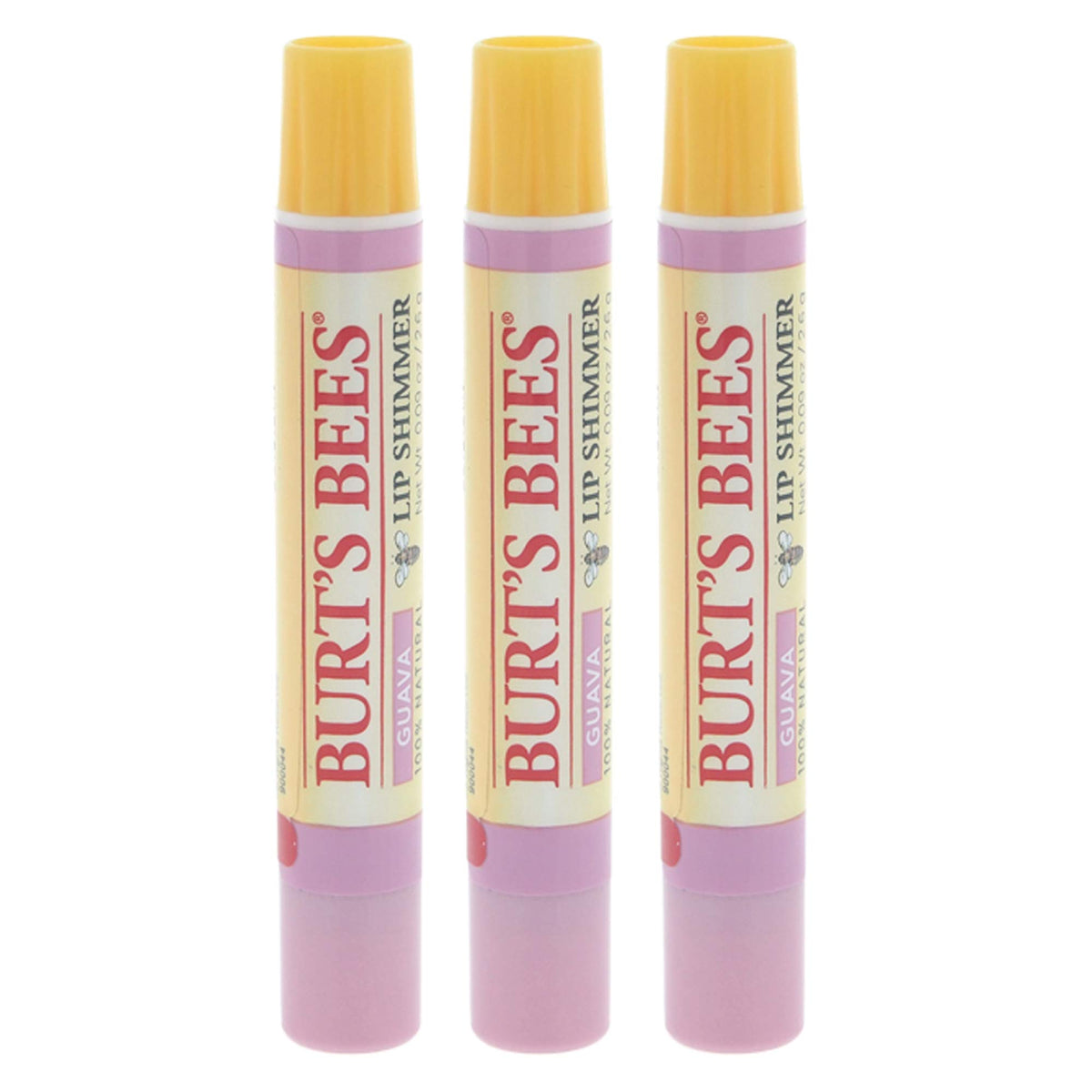 Burt's Bees Lip Shimmer Guava 3-pack with sheer pink tint and peppermint refreshment.