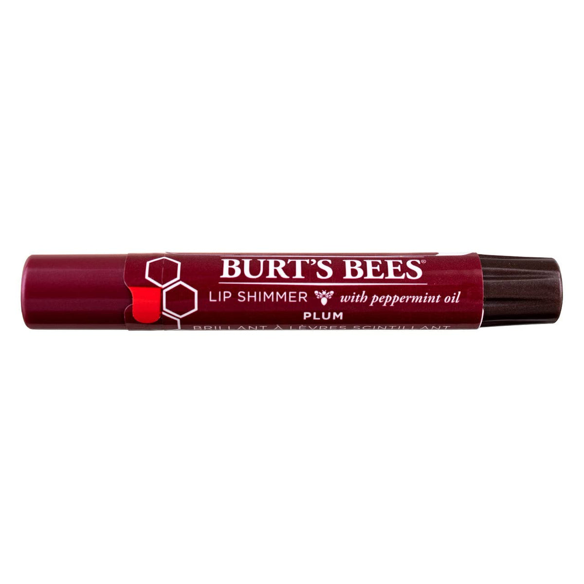 Burt's Bees Lip Shimmer Plum tube closeup shows creamy texture for smooth lips