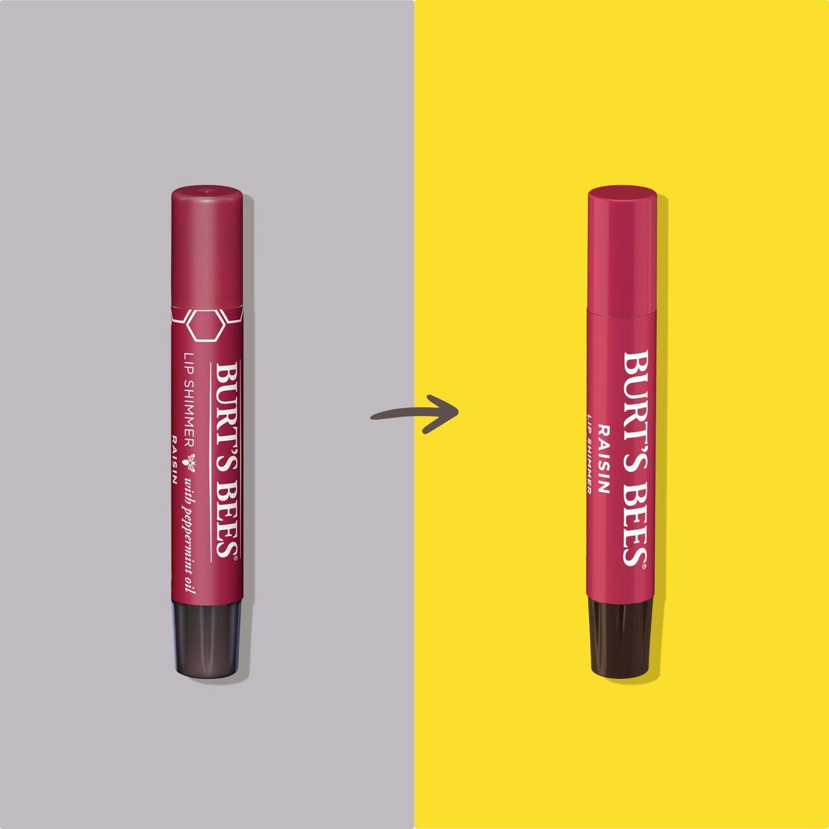 Burt's Bees Lip Shimmer Raisin on lips delivers a warm, glowing tint.