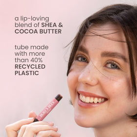 Packaging shows Burt's Bees Lip Shimmer Raisin with recyclable carton.