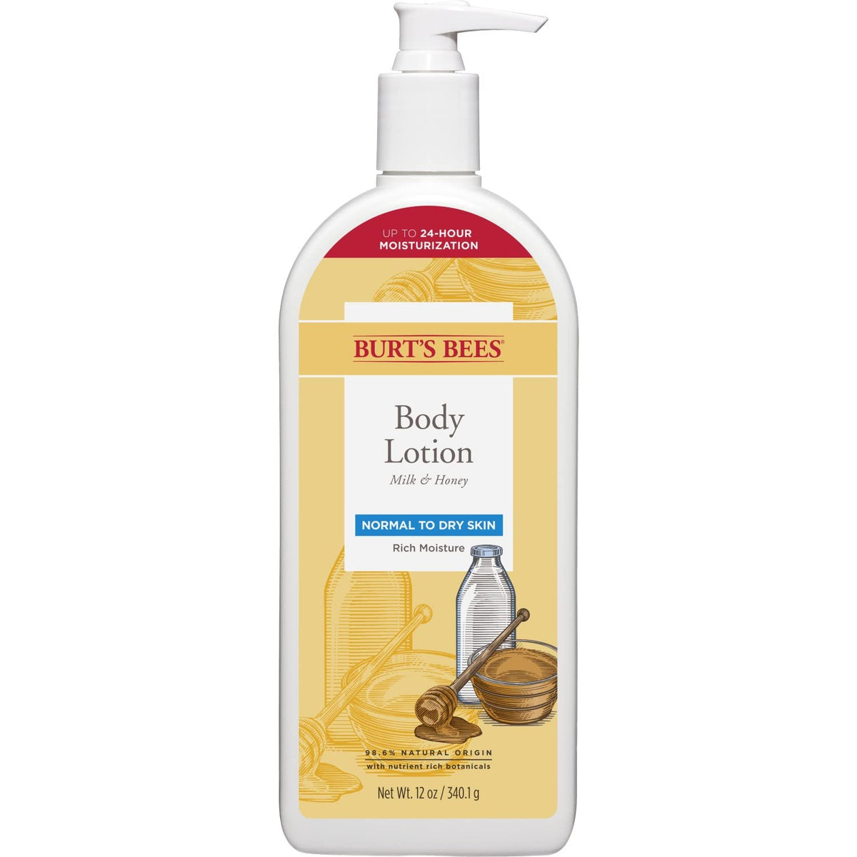 Burt's Bees Milk and Honey lotion bottle shows nourishing dry-skin care.