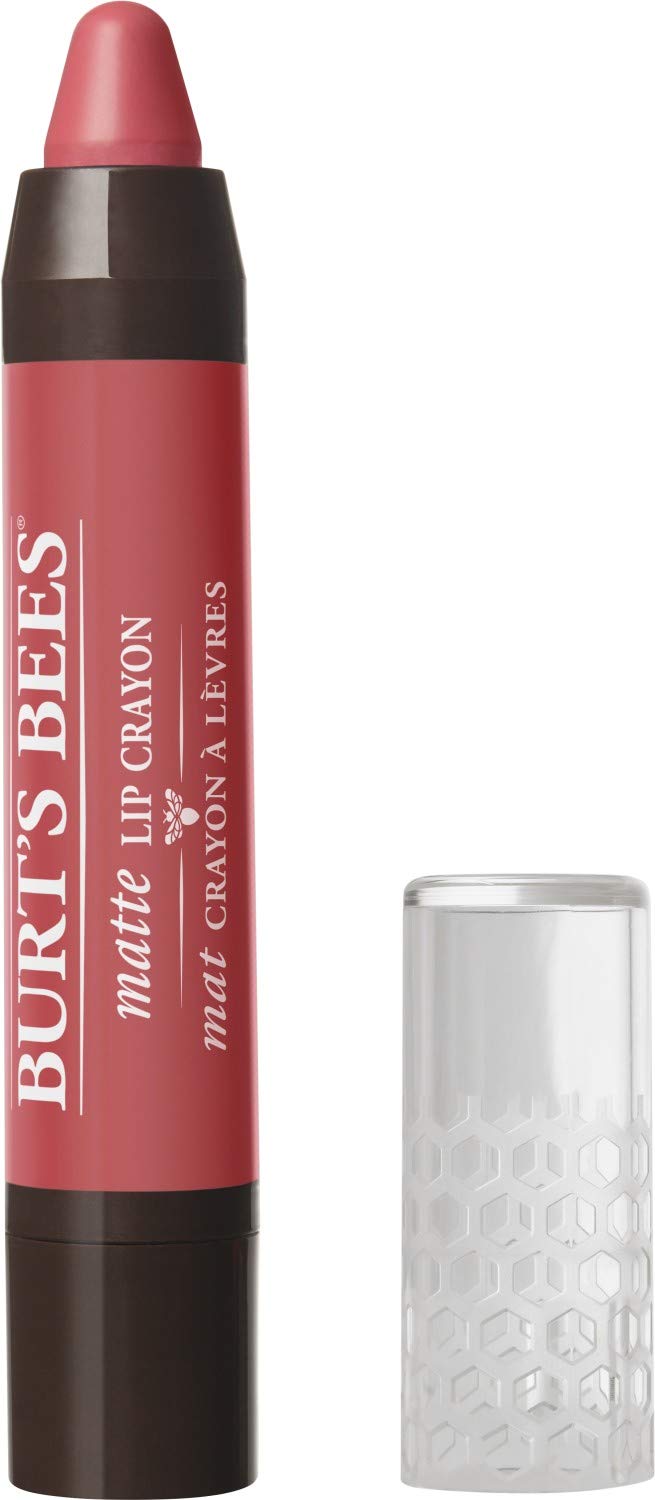 Burt's Bees Niagara Overlook lip crayon swatch shows coral pink matte color for everyday wear.