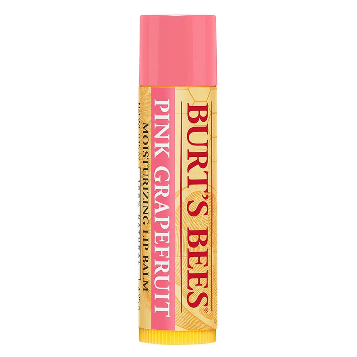 Burt's Bees Pink Grapefruit lip balm label detail on natural packaging