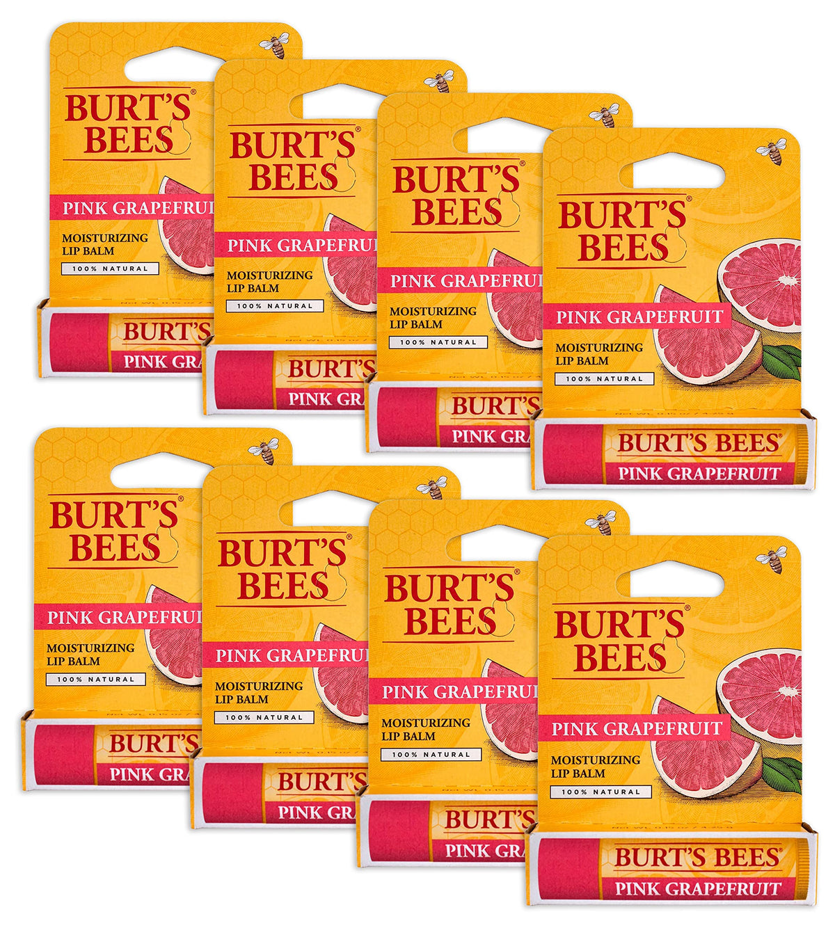 Burt's Bees Pink Grapefruit lip balm pack front view, on-the-go moisture