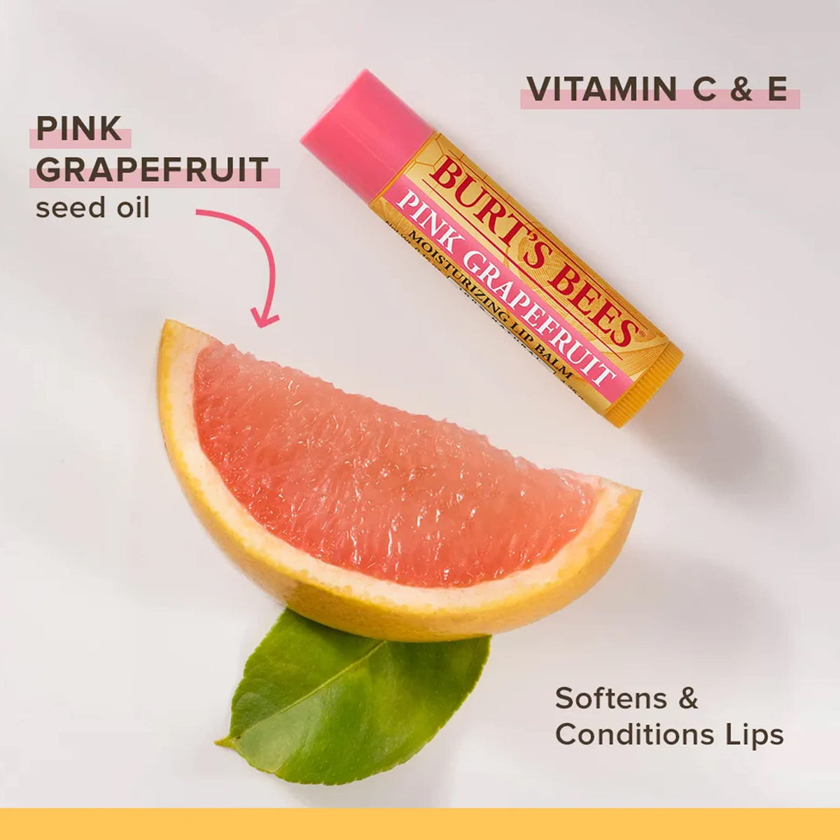 Swivel-open Burt's Bees Pink Grapefruit lip balm for purse access