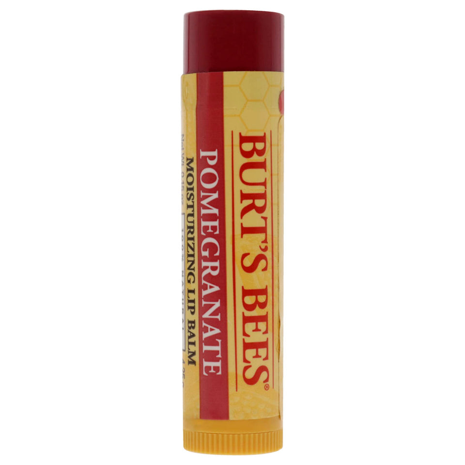 Burt's Bees Pomegranate lip balm tubes pack shot for everyday moisturizing.