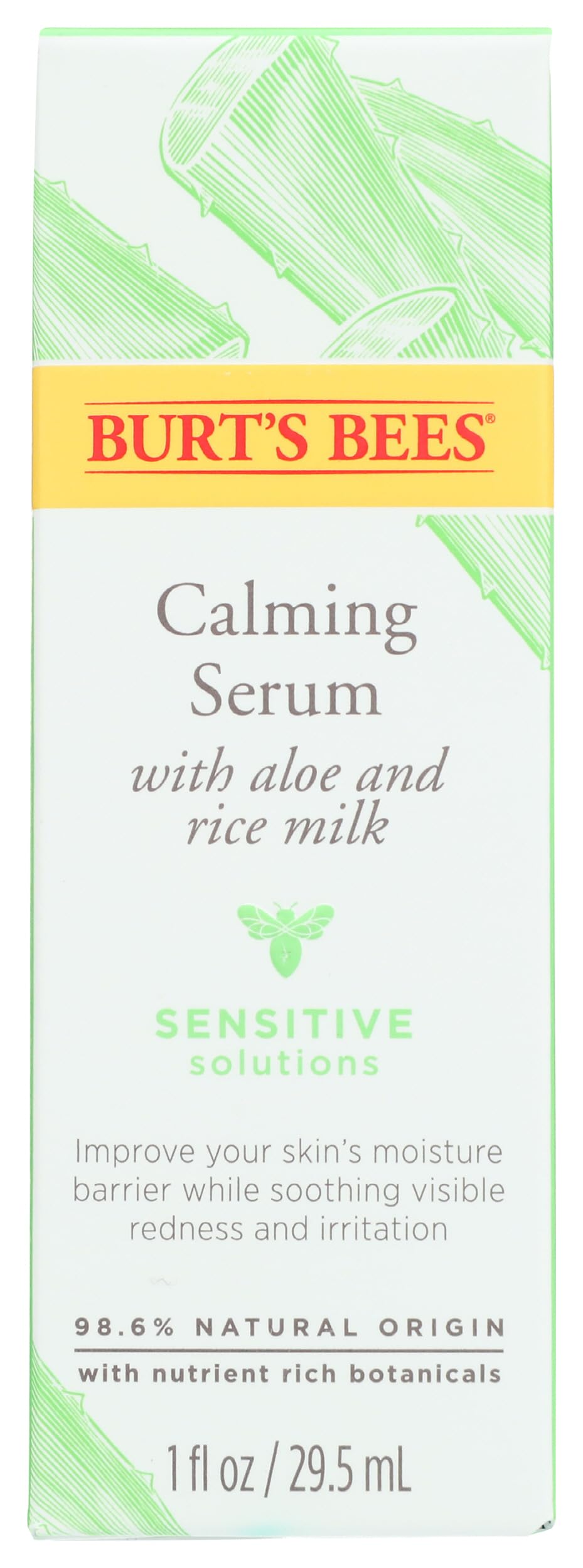 Burt's Bees Sensitive Anti-Redness Calming Serum bottle close-up highlighting a soothing formula.